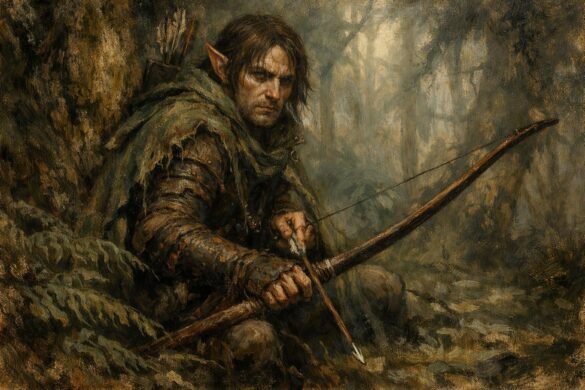 Elf z komanda Scoia'tael w mglistym lesie, realizm wiedźmiński.