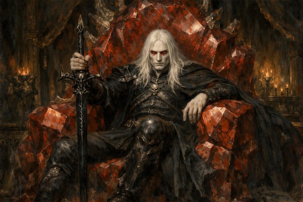 Elfy - Elric z Melniboné na rubinowym tronie, białe włosy, czarny miecz