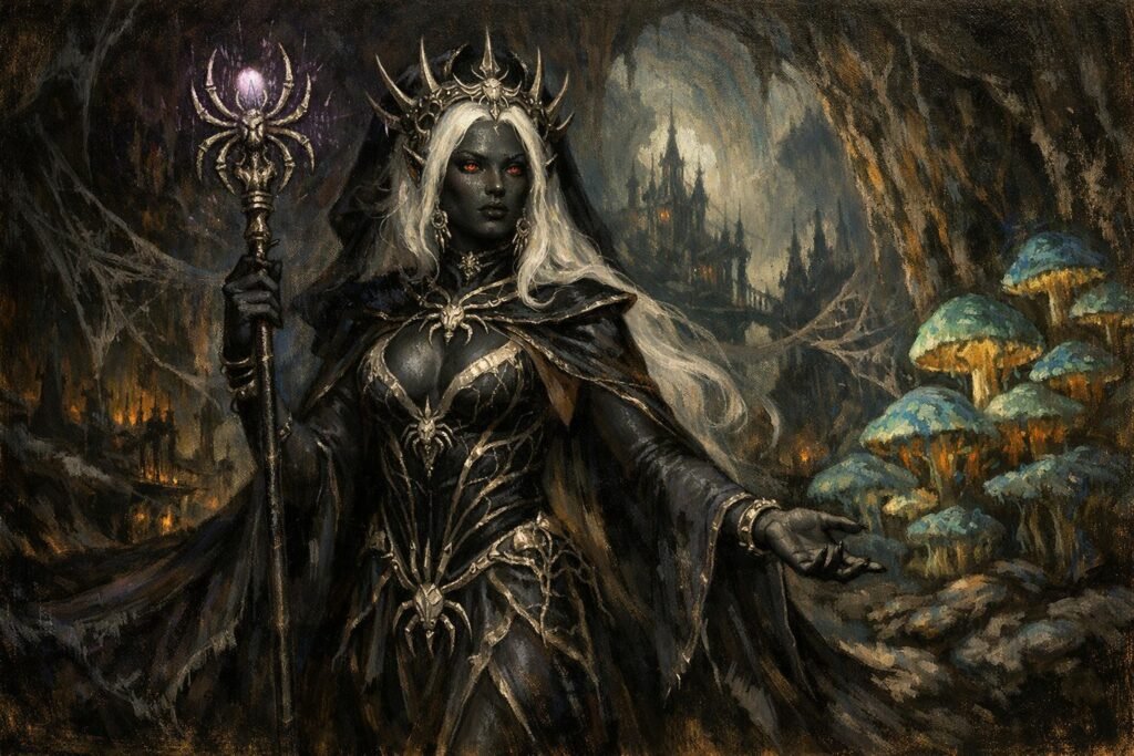 Elfy - Kapłanka Drowów w podziemnym mieście, mroczne fantasy