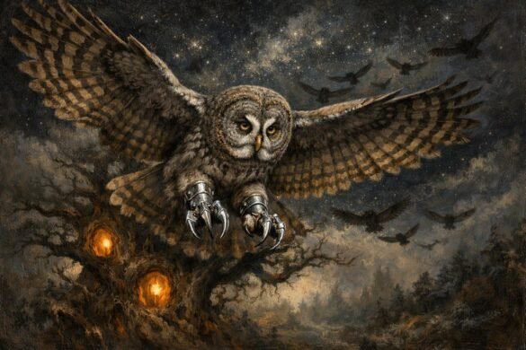 Sowa w srebrnych szponach bojowych nad Wielkim Drzewem Ga'Hoole.