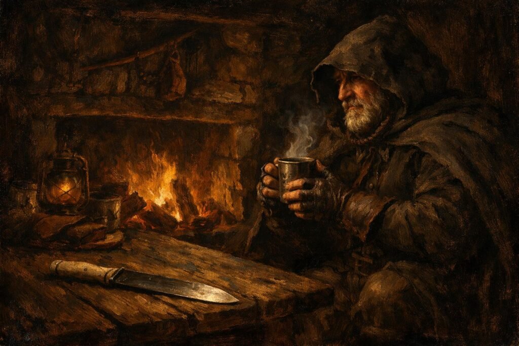 Halt pijący kawę w chacie zwiadowcy, nóż saks na stole.