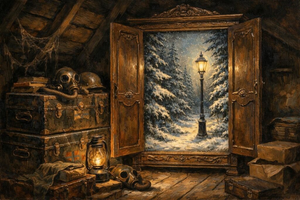 Magiczna szafa na strychu z czasów II wojny światowej prowadząca do Narnii.