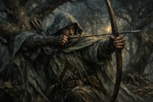 wiadowca Will Treaty w kamuflażu w deszczowym lesie, naciągający długi łuk.