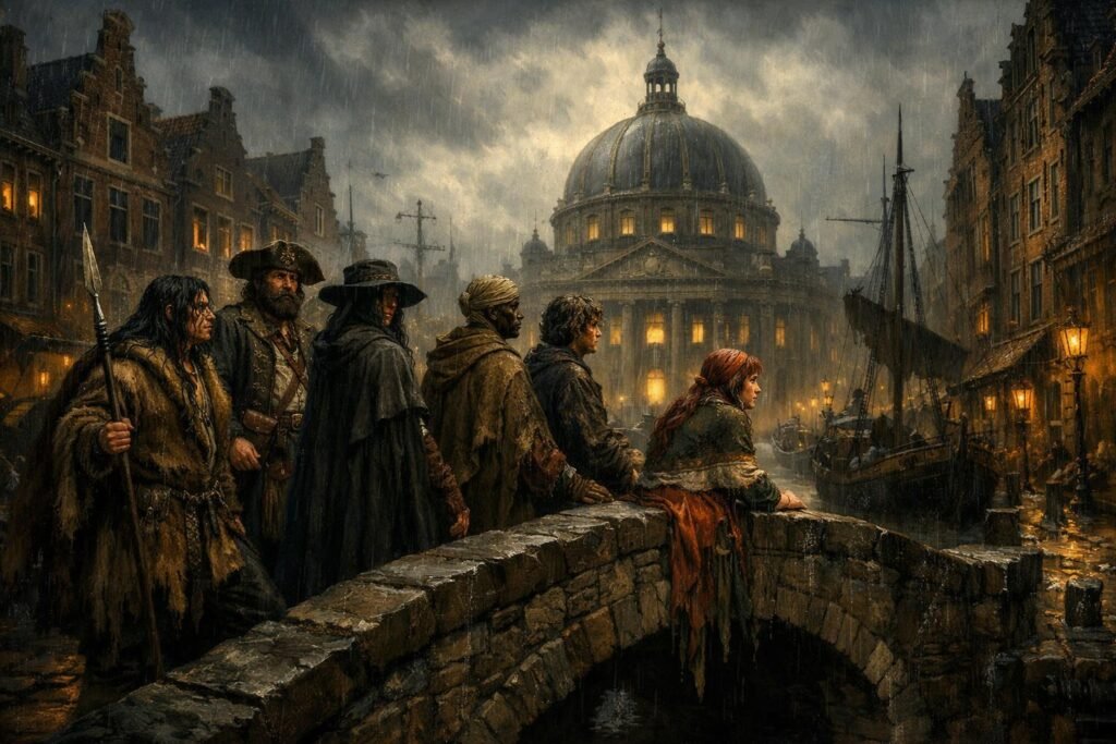  Grupa wyrzutków w porcie fantasy wzorowanym na XVII-wiecznym Amsterdamie.