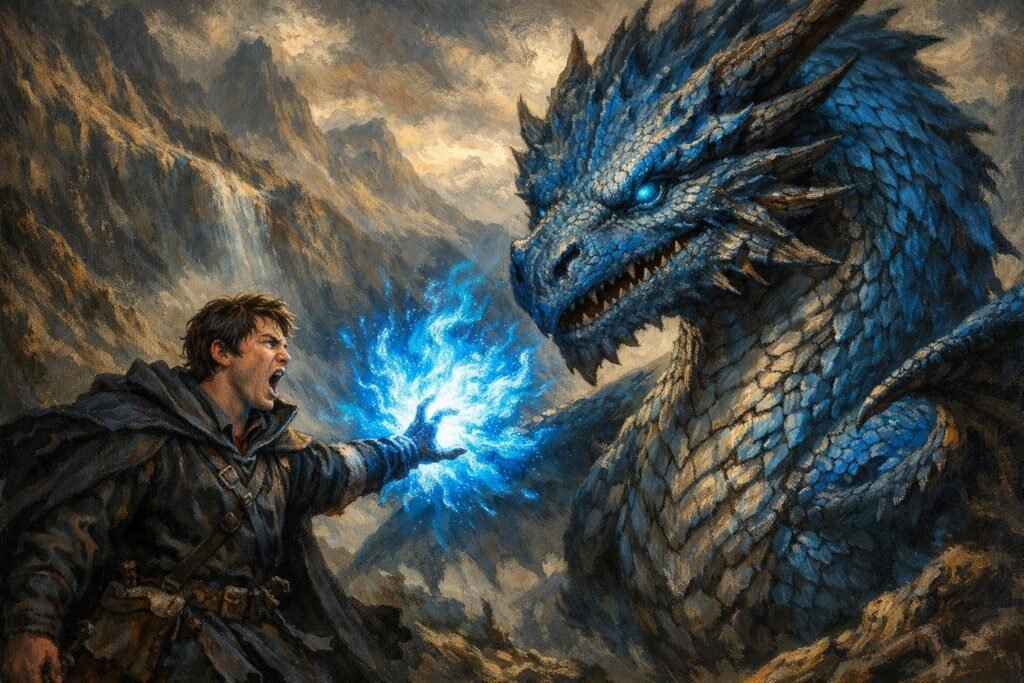 Eragon i niebieski smok Saphira rzucający zaklęcie ognia w górach.