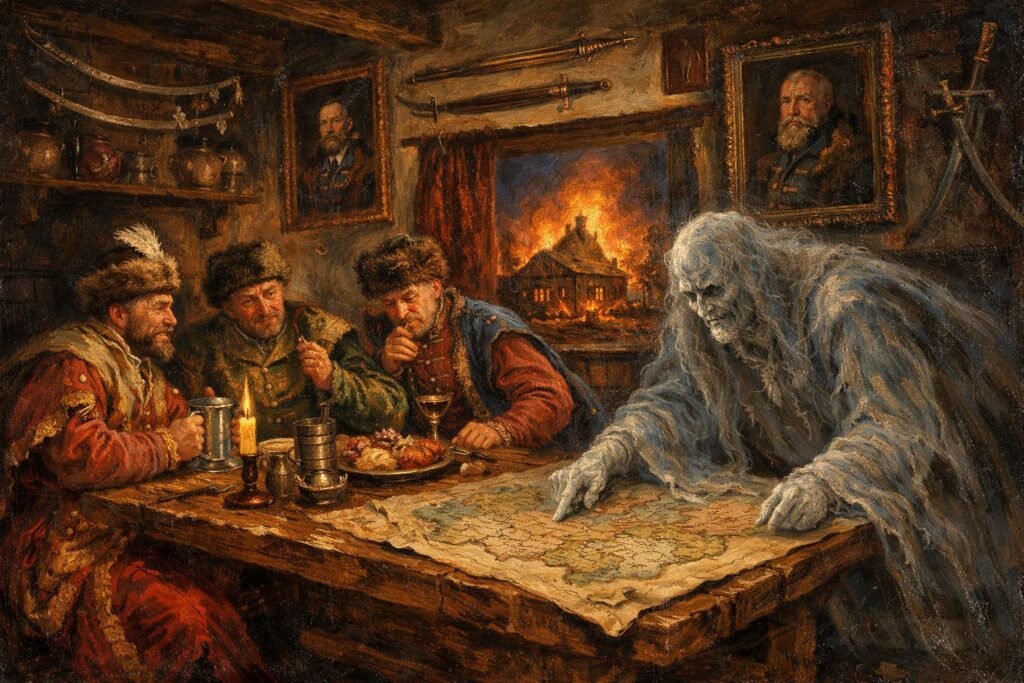 Sarmaccy szlachcice planują bitwę nad mapą Rzeczypospolitej z widmem w tle