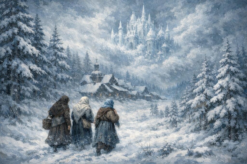 Trzy kobiety w zimowym lesie zmierzające ku lodowemu pałacowi nad wschodnioeuropejską wsią